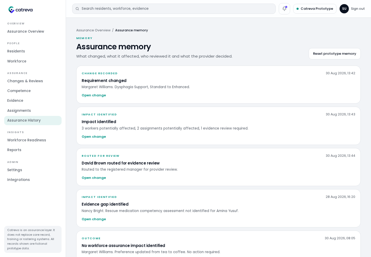Catreva assurance memory showing a chronological record of changes, impact and review routing